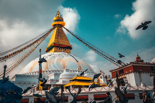 Boudhanath stupa with prayer flags in Kathmandu, Nepal